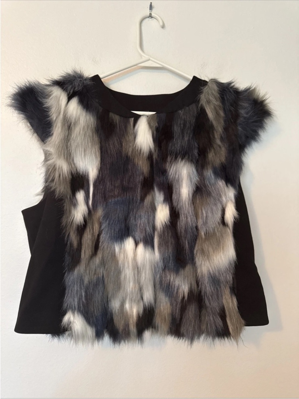 Cabi Faux Fur Vest with side panels-Black & Multi Gray